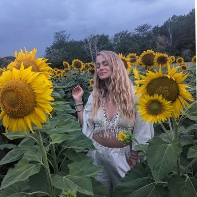 Maia standing in a field of sunflowers