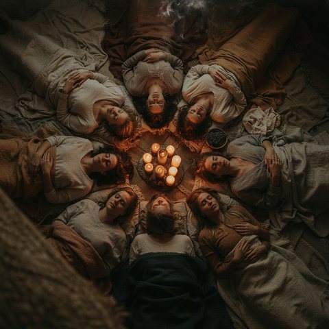 Women lying in a circle around a cluster of candles, seen from above